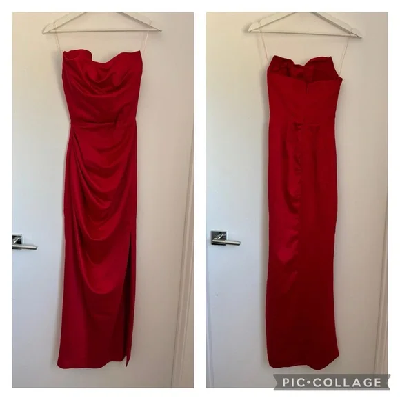 House of CB London XS Adrienne Red Scarlet Strapless Gown Ruched - Picture 4 of 11